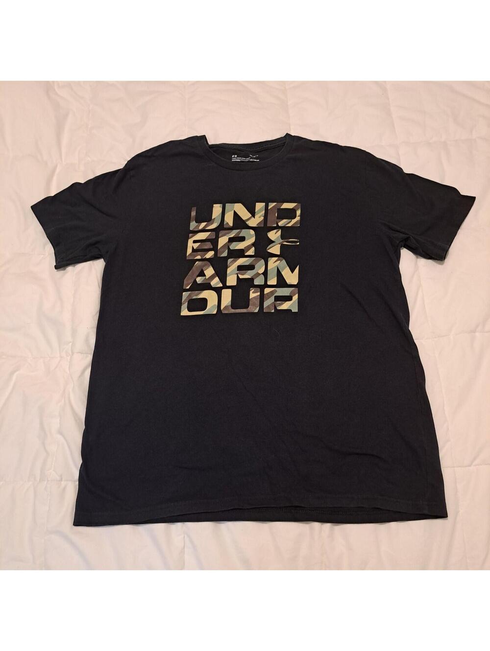 Under Armour Black Camo Spellout Tee T-Shirt Heatgear Mens Size L Loose